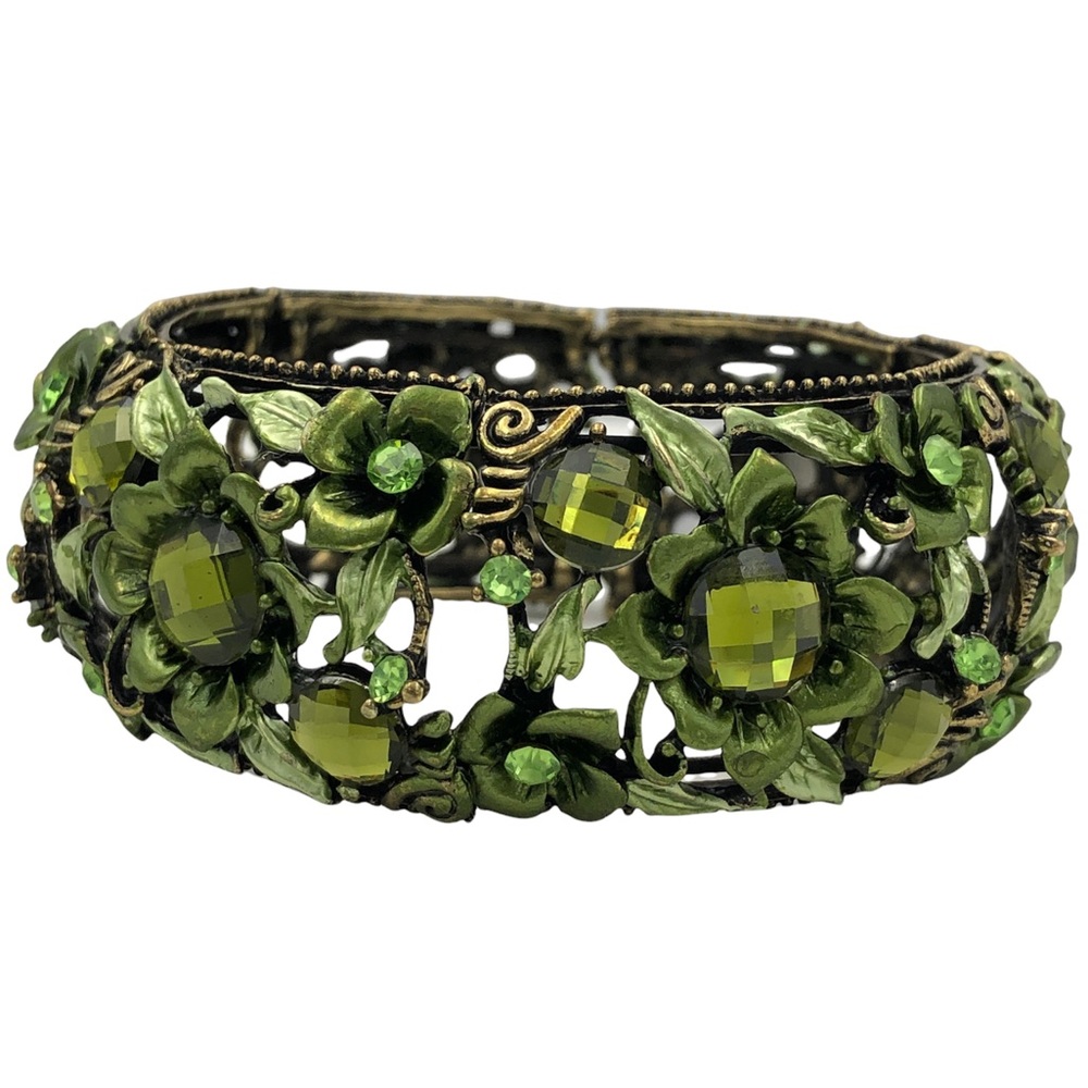 Green Flowers Gem & Rhinestone Fancy Statement Cuff Bangle Bracelet